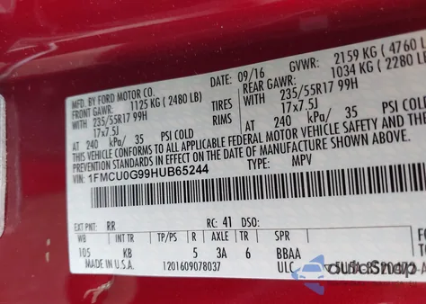 2017 Ford Escape Se from USA, damaged, VIN 1FMCU0G99HUB65244